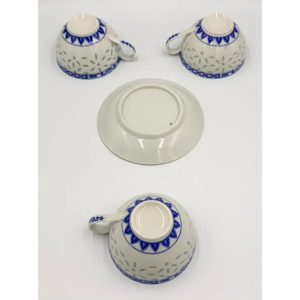 Jingdezhen Rice Eye Grain Cups & Saucer Blue & White Porcelain 4pc Set